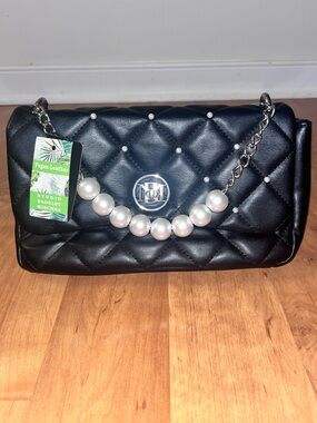 Badgley Mischka Black Quilted Pearl-Accent Shoulder Bag